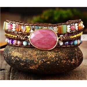 Handmade Multicolor Boho Crystal Beaded Natural Stone Wrap Bracelet
